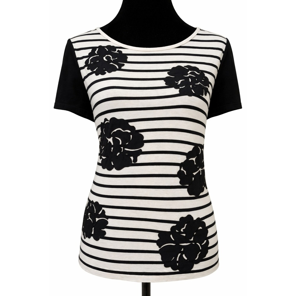 Zenergy By Chico's Womens T-Shirt Top Size 2 White Black Stripe Floral Applique
